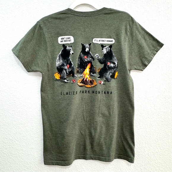 Glacier National Park Montana Olive Green Funny Bear Campfire Graphic Tee - Picture 3 of 6